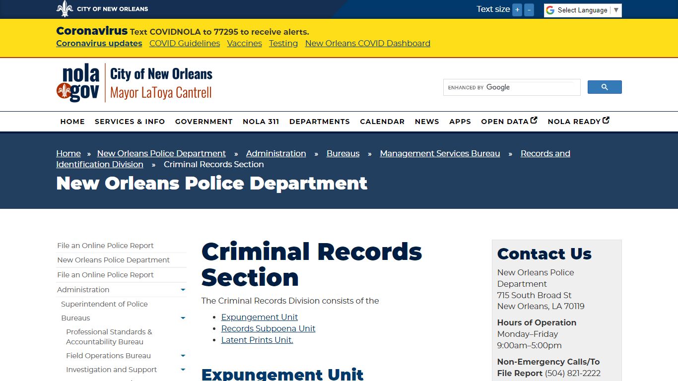 Criminal Records Section - City of New Orleans